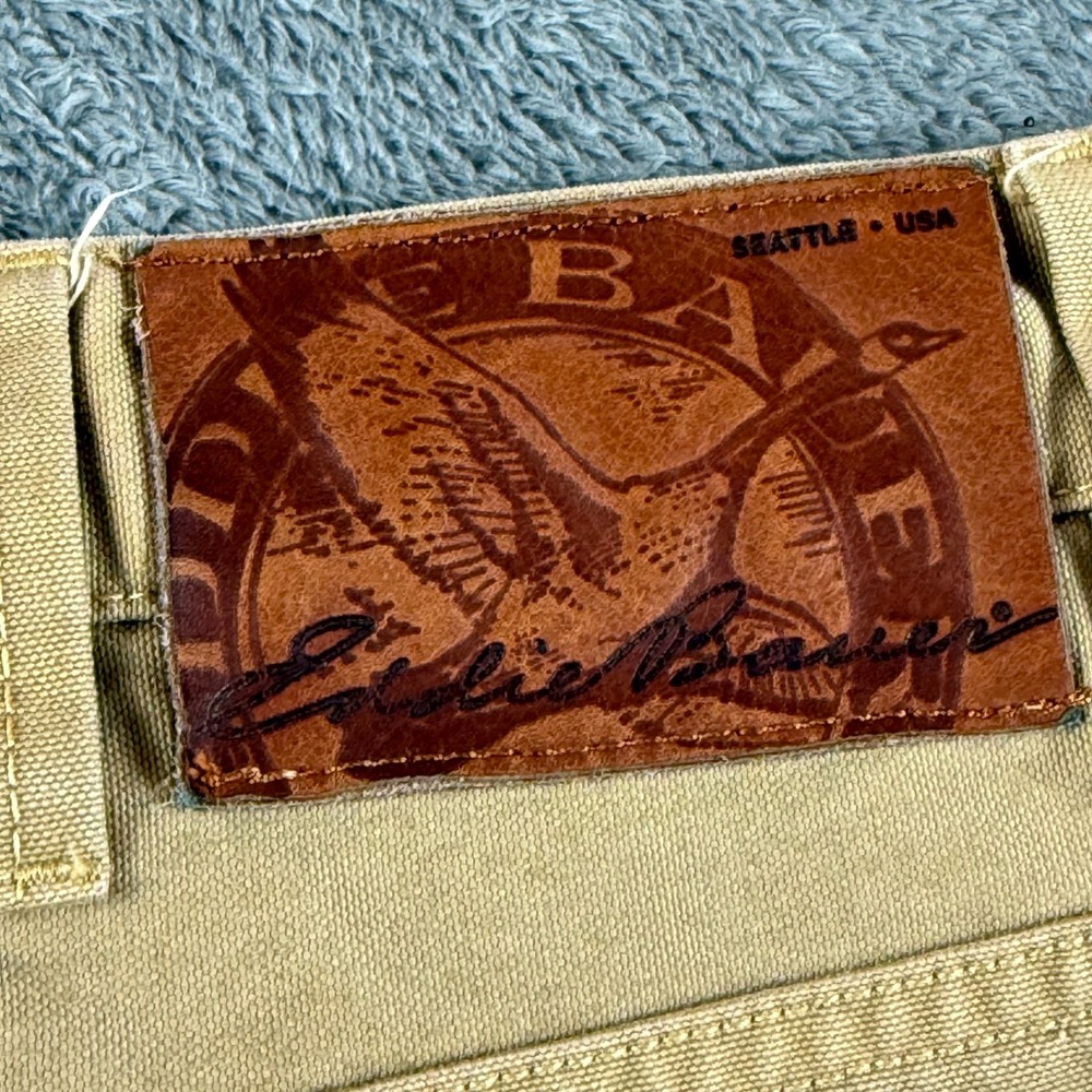 Eddie Bauer Mens 42x32 Khaki Tan Cotton Canvas Leather Trim Straight Leg Pants - Picture 13 of 13